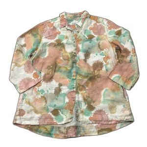 I Linen Tunic Top Womens Large Blouse Paint Splatter Hawaiian Shirt Pockets